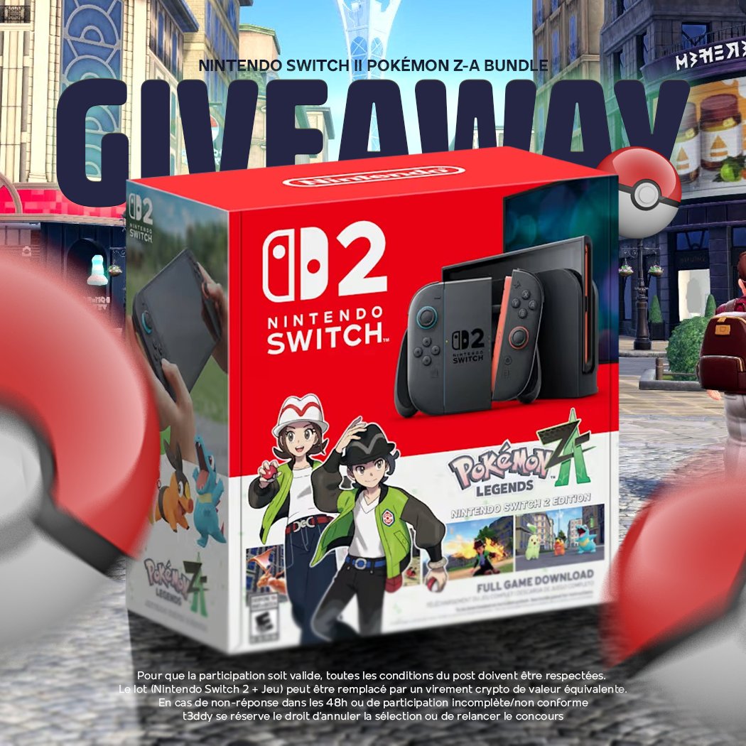🎮 Fans de Pokémon, on vous régale 👀

#Giveaway bundle Switch 2 + Pokémon ZA 🐉🔥

Pour participer 👇

1️⃣ Follow @t3ddystream
2️⃣ Like ❤️ &amp; RT 🔁
3️⃣ Tag 2 potes (plus tu tags, plus t’as de chances 👊)

🍀Double tes chances sur Instagram (@t3ddystream)