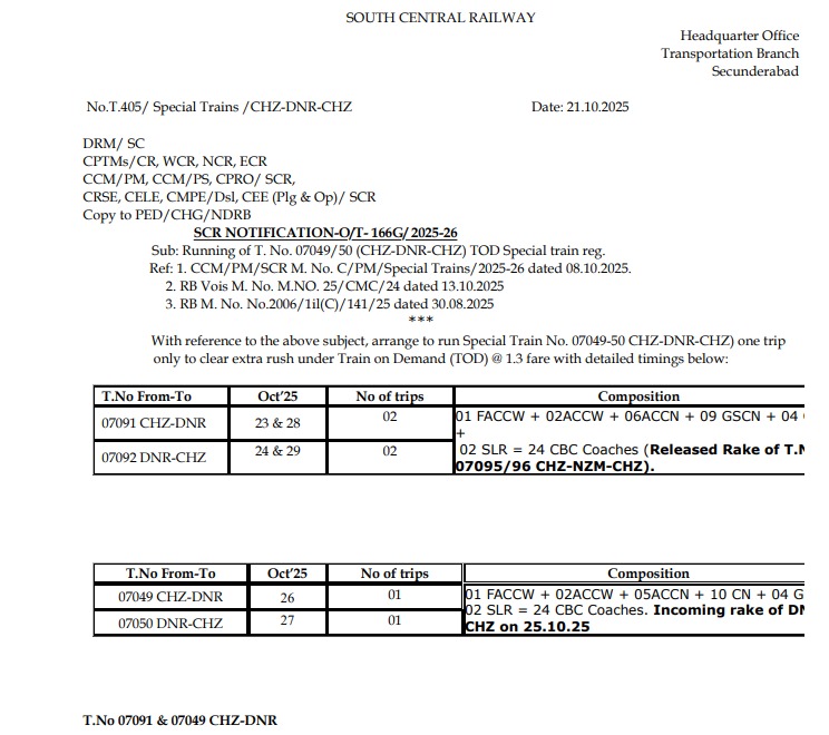 SrDCMSC's tweet photo. Running of TOD Special Trains, Tno.07049 /07050 (CHZ-DNR-CHZ) & T no.07091/07092 (CHZ-DNR-CHZ) passengers please utilise the services #SCdivision
@SCRailwayIndia
@RailwaySeva https://t.co/PEwmiAbZQn