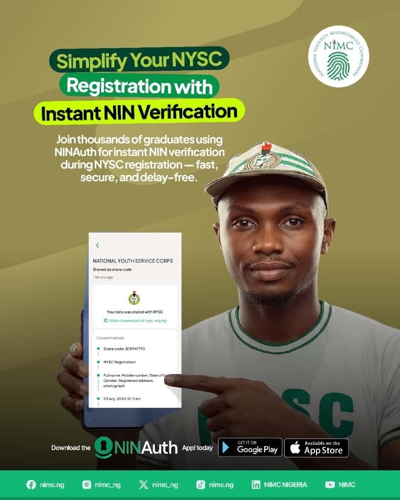 nimc_ng's tweet image. Are you a corps member?
Getting verified for your NYSC just got easier with NINAuth!
Verification happens in seconds . It is safe, fast, and stress-free.

Download the NINAuth App today and experience seamless access!
@BTOofficial 
@MinOfInteriorNG