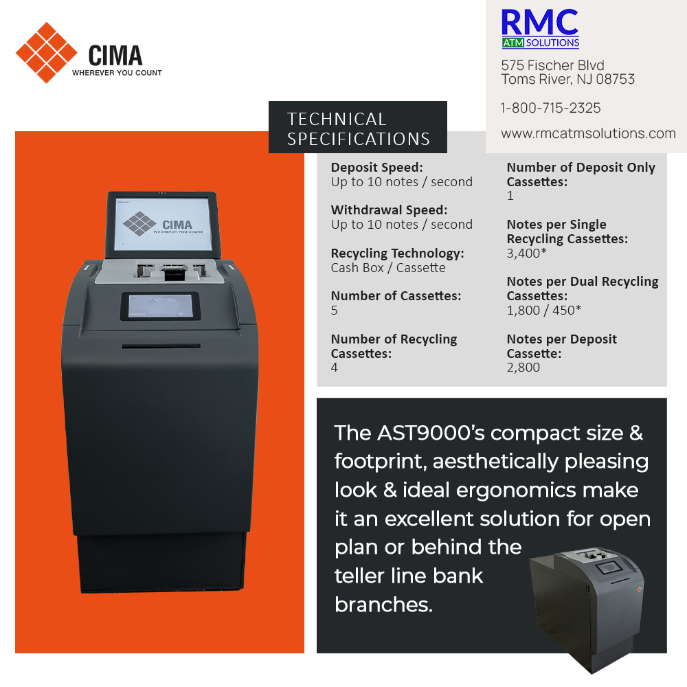 rmcatmsolutions's tweet image. With high-performance cash handling and ergonomic design, the CIMA AST9000 is the ideal solution for busy teller environments.
Learn more at RMCATMSolutions.com
#TellerCashRecycler #BankTechnology #FintechSolutions #BranchEfficiency #CashAutomation #BankingInnovation #FinTech