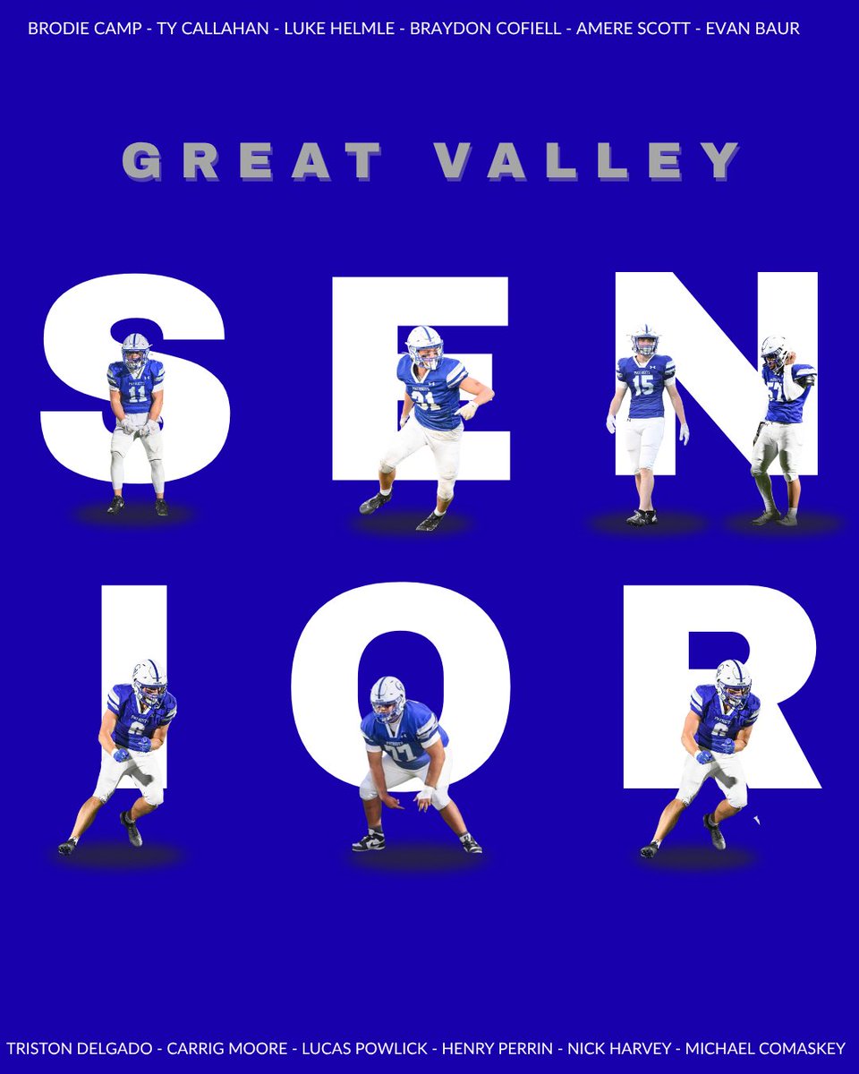 GreatValleyFB's tweet photo. A week dedicated to our seniors — the Class of 2026 💙
Their dedication, leadership, and love for the game define Great Valley Football.
Join us Friday night to celebrate their legacy! 🏈 #GVStrong #Seniornight https://t.co/tWp1OI8Bcq