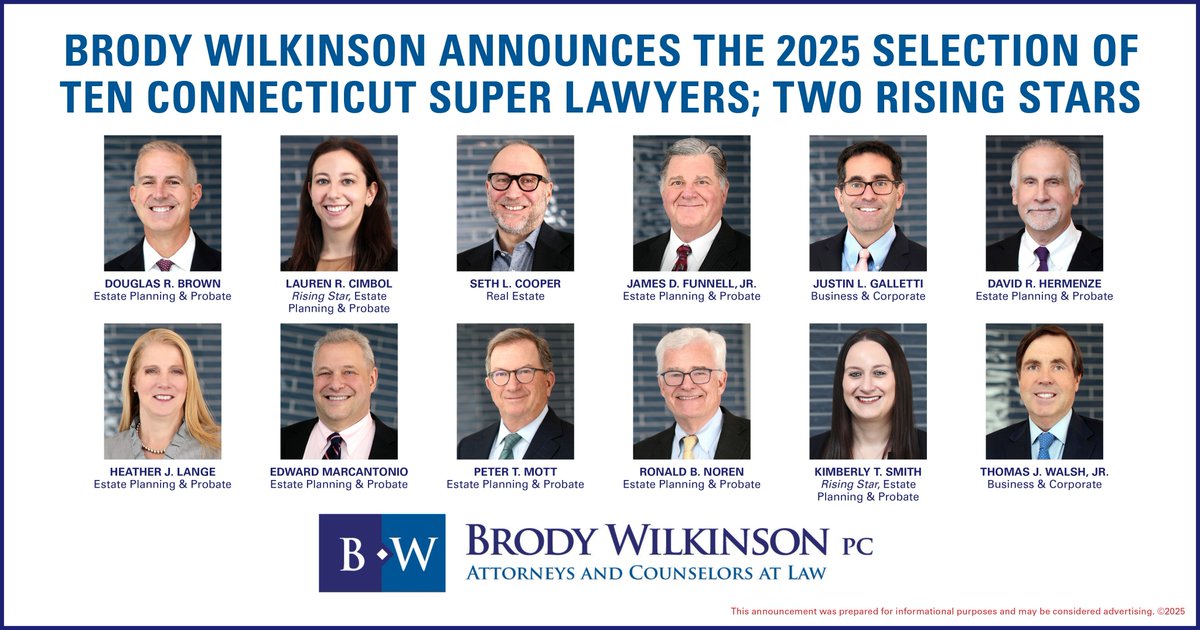 BrodyWilk's tweet photo. We are pleased to announce that ten BW principals were named to the 2025 “Connecticut Super Lawyers” list and two associates were recognized as “Rising Stars.” Read more: https://t.co/cLgxFwrV4r https://t.co/uuBGx0Bhah