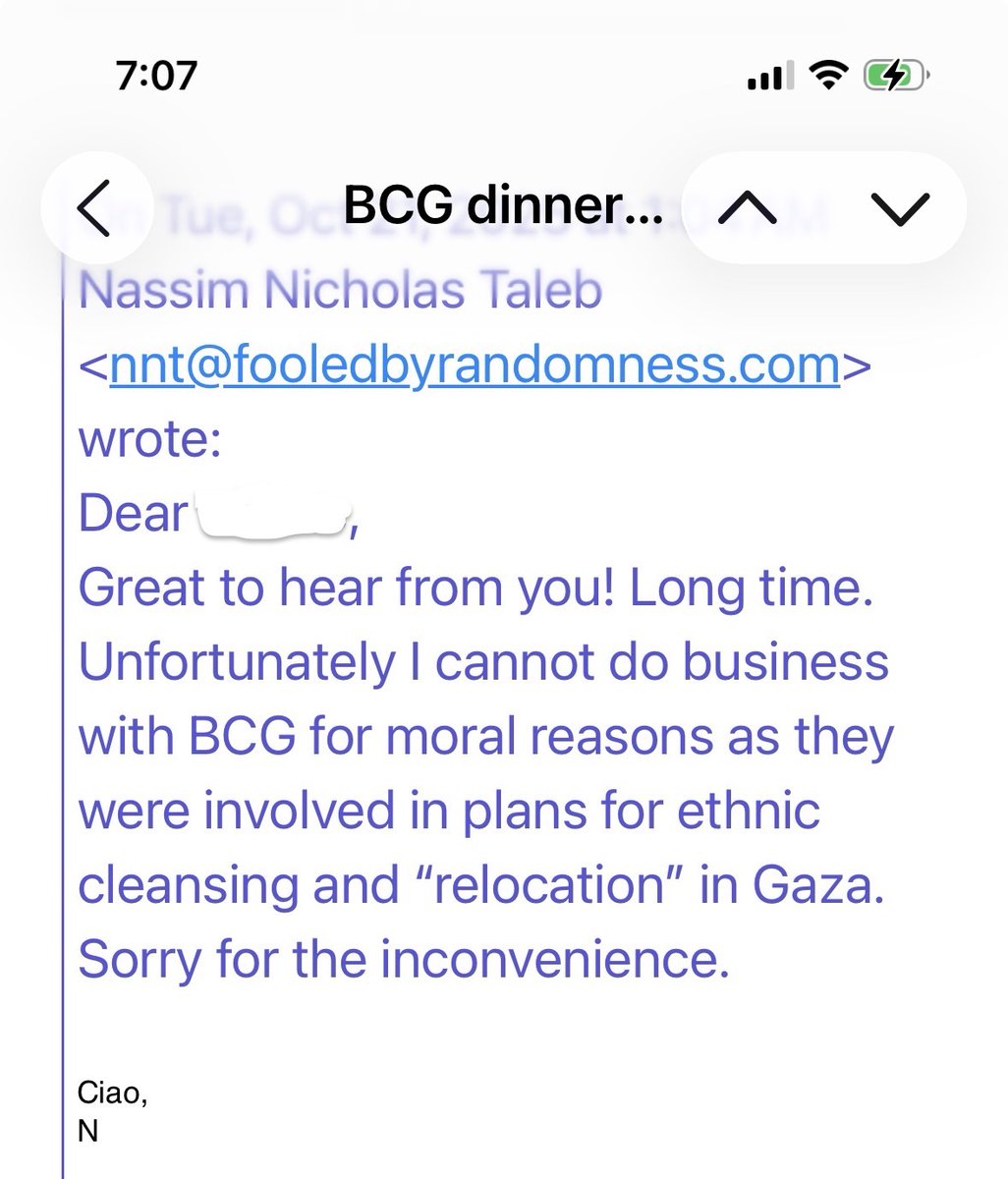 nntaleb's tweet image. MINORITY RULE IN ACTION
I don't do business with the Boston Consulting Group owing to their involvement in the "relocation" project (ethnic cleansing) in Gaza.
They are trying to back-pedal but it will not work.