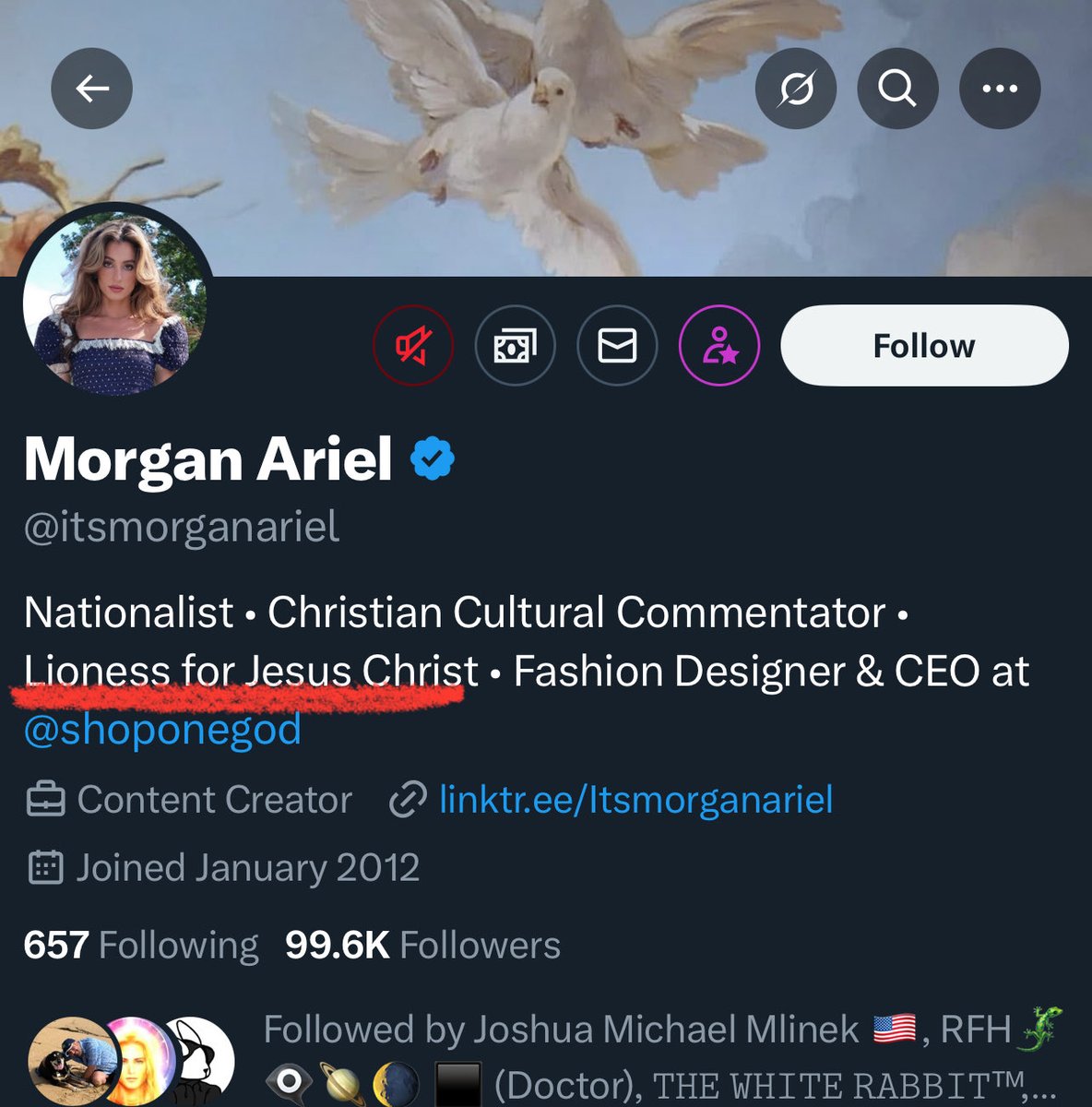 “Lioness for Jesus Christ” in her bio.

This is faux Christianity. No Christian should possess this much hate in their heart and flaunt it.