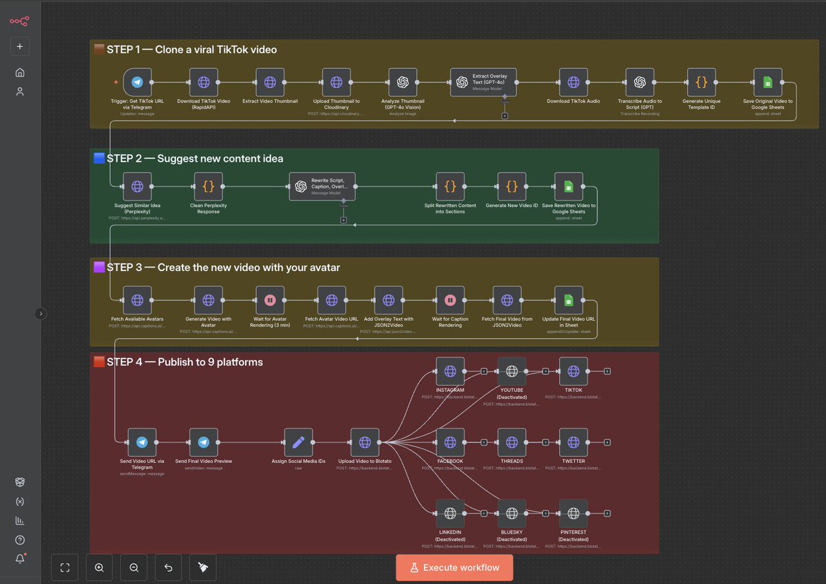 Built in n8n — it:  

🔁 Clones viral TikToks 
✍️ Rewrites w/ GPT-4o
🎥 Auto-generates avatar videos
🎬 Adds captions + edits them
📤 Posts to 9 platforms (TikTok, IG,YT,X, etc.)

To Get It..  

🔁 Like + RT📷
💬 Reply “DR FIRAS”
📩 Must Be Follow me &amp; I’ll DM you.🤝