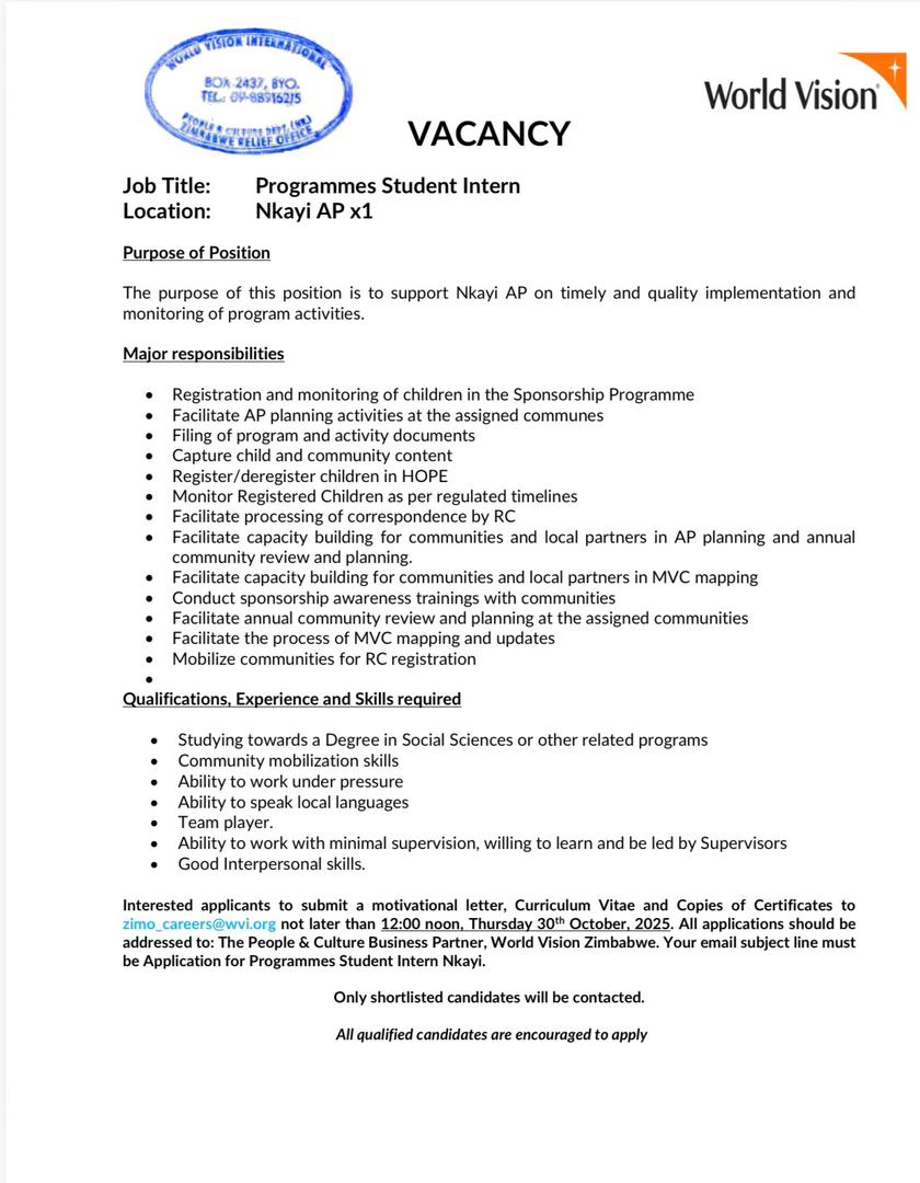 WorldVisionZim's tweet image. We Are Hiring!

Join us as a Programmes Student Intern and gain hands-on experience contributing to impactful community development work.

NB: World Vision does not charge any fees or request payment at any stage of the recruitment process. Beware of scams!