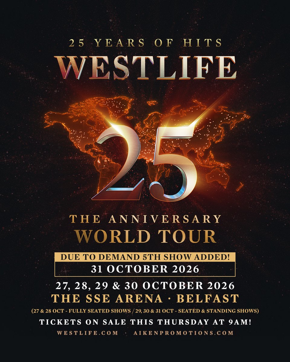 ✨ <a href="/westlifemusic/">Westlife</a> EXTRA DATES added in Dublin &amp; Belfast next year!

🎟️ #GigTickets on sale Thursday at 9am. ow.ly/wvEA50Xfz6p