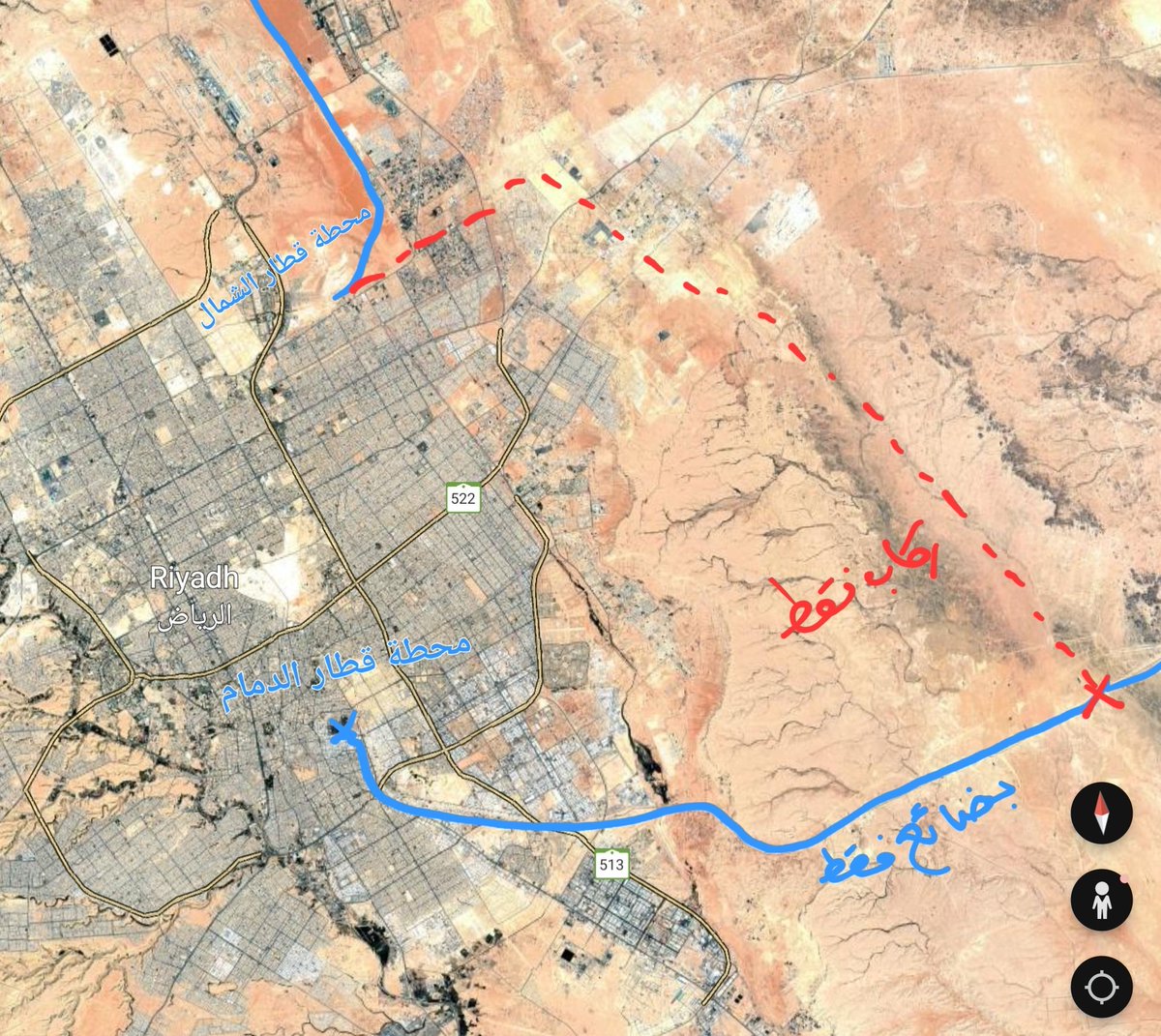 <a href="/SARSaudiRailway/">الخطوط الحديدية السعودية | SAR</a> <a href="/SaudiTransport/">وزارة النقل والخدمات اللوجستية</a>:
​اقترح إضافة تحويلة لقطار الركاب خارج النطاق العمراني لمدينة الرياض (كما توضحه الصورة المرفقة)، بهدف دمج ركاب القطار القادم من الشرقية مع محطة قطار الشمال الحديثة، وتخصيص المحطة الحالية جنوب الرياض لقطارات البضائع فقط نظراً لموقع الميناء الجاف.