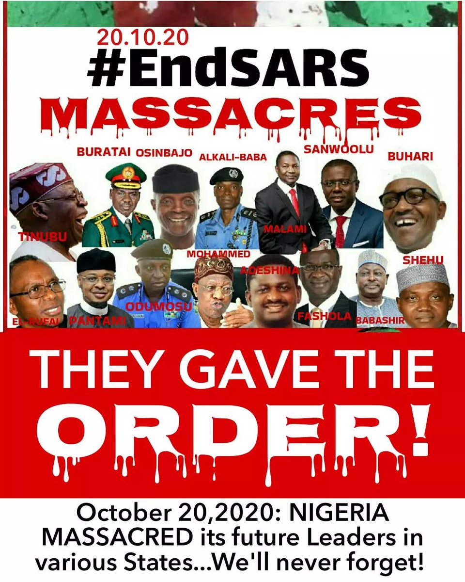 247amebonews's tweet photo. #EndSARSMemorial : October 20,2020: NIGERIA MASSACRED its future Leaders in various States...We'll never forget! #ENDSARSNOW 

THEY GAVE THE ORDER! 

#EndSARS 
#FreeNnamdiKanu
#Nigeria
@sowore https://t.co/D0pooCAvBJ