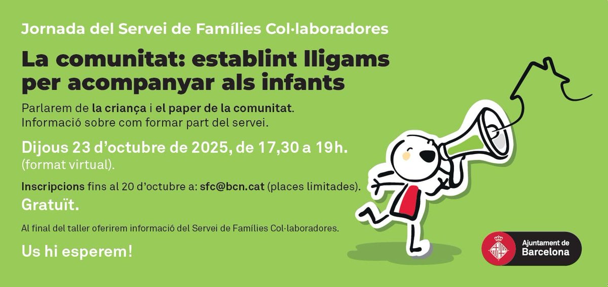 #Agenda |
Jornada del Servei de Famílies Col·laboradores: connecta, aprèn i transforma! S'hi parlarà de criança i comunitat, i es farà una  breu explicació del servei.

🗓️ 23/10/25
⏰ 17.30 h
📍En línia
voluntaris.cat/events/jornada…