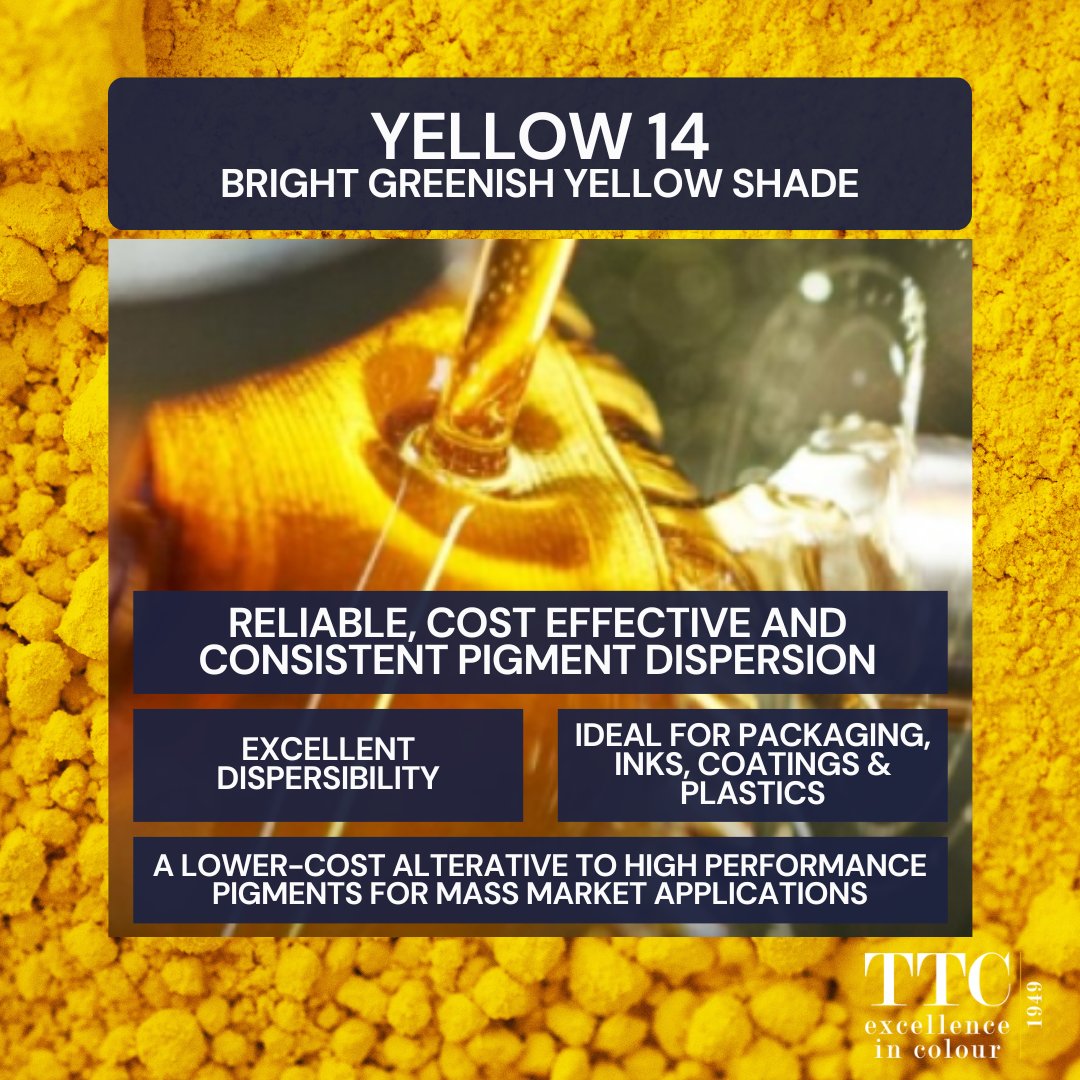 Pigment Yellow 14 - a reliable and cost-effective yellow dispersion 💛

✅ Highly economical
✅ Good reputation across various industries
✅ Low PCB &amp; excellent compliance levels 

Request a sample: d36.co/1bXnB

#pigmentdispersions #pigment #excellenceincolour