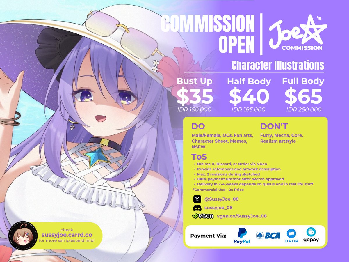 Hello!!👋
I'm opening 2 slot waitlist for art commission! ✨

DM me if you're interested!
or you can order via VGen here 
➡️vgen.co/SussyJoe_08 

Retweets are very much appreciated, thank you!!
#commissionsopen #CommissionSheet #commstwt #VGenComm #VGenOpen