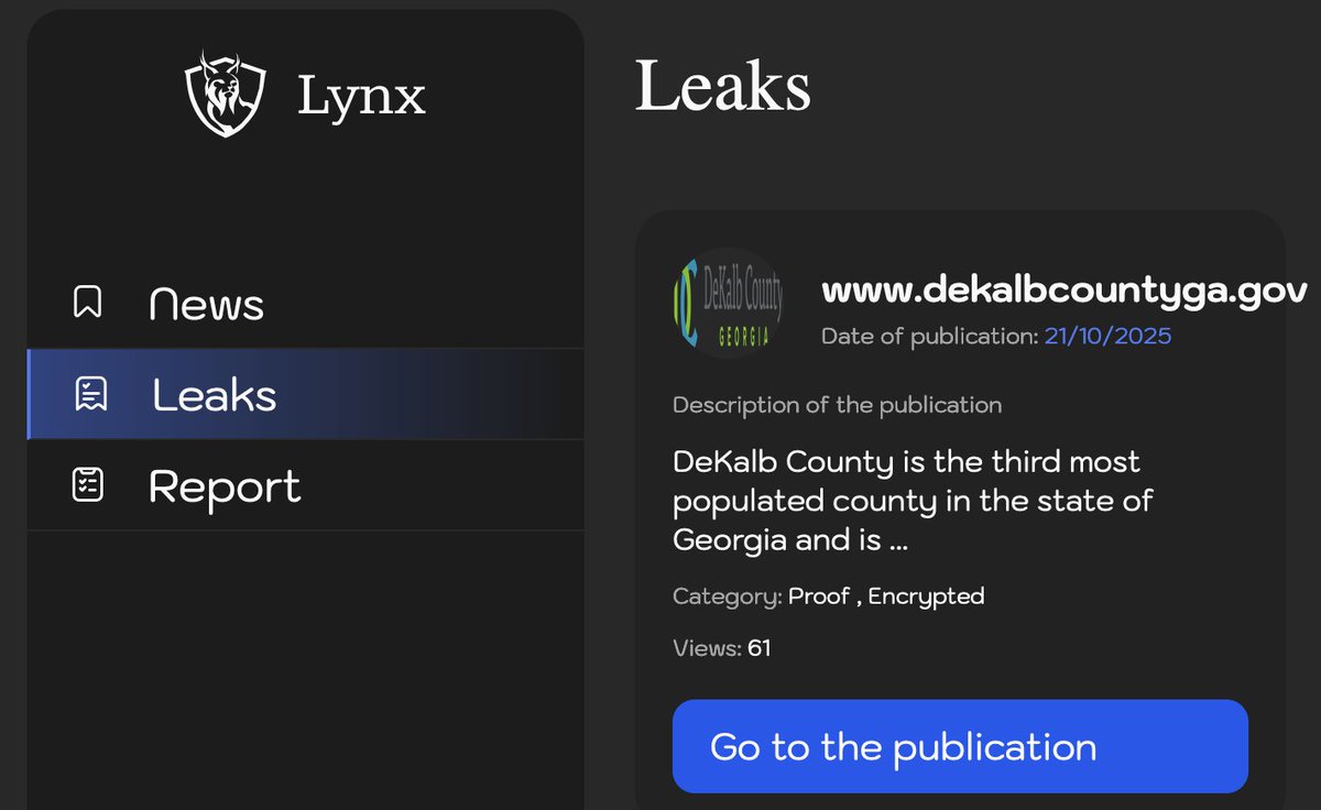 lnconnolly's tweet photo. Cybercriminal group Lynx has listed DeKalb County in GA as an alleged victim on their DLS. The incident was first discovered and reported in late September. Lynx first appeared in the summer of 2024, compiling over 300 alleged victims since then. 
#ransomware @ItsInDeKalb https://t.co/MNz9GPrhyR