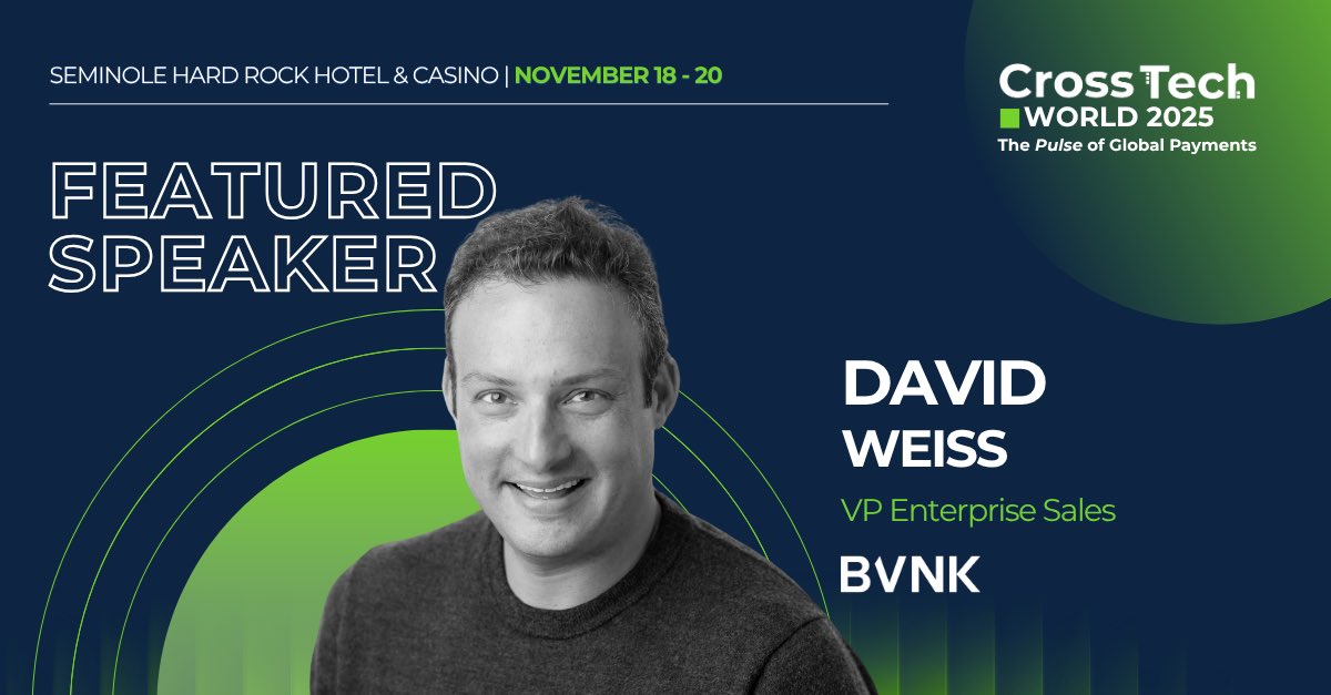 🎤 Speaker Spotlight: David Weiss, VP Enterprise sales at <a href="/BVNKFinance/">BVNK</a> 

We’re thrilled to have him joining us as a speaker in the panel Stablecoins 360: Use Cases, and Global Frameworks.

📅 Nov 18–20 | Miami
 🎟️ Don’t miss it → crosstechpayments.com/crosstech-worl…
