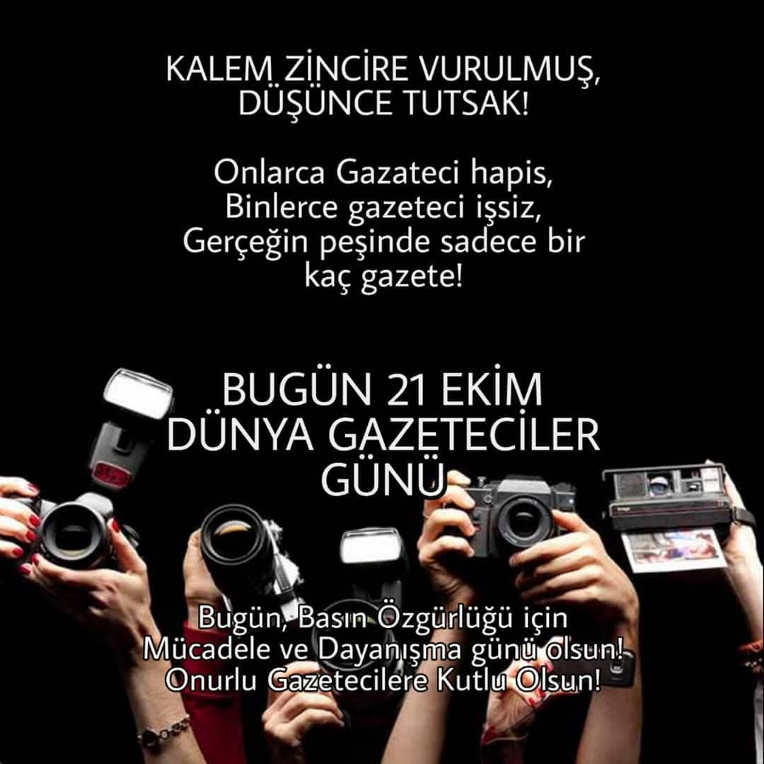 KALEM ZINCIRE VURULMUŞ,
DÜŞÜNCE TUTSAK!

Onlarca Gazateci hapis,
Binlerce gazeteci işsiz,
Gerçeğin peşinde sadece bir kaç gazete,

Bugün, #21EkimDünyaGazetecilerGünü

Bugün, Basın Özgürlüğü için Mücadele ve Dayanışma günü olsun!
Onurlu Gazetecilere Kutlu Olsun!

#Gazete