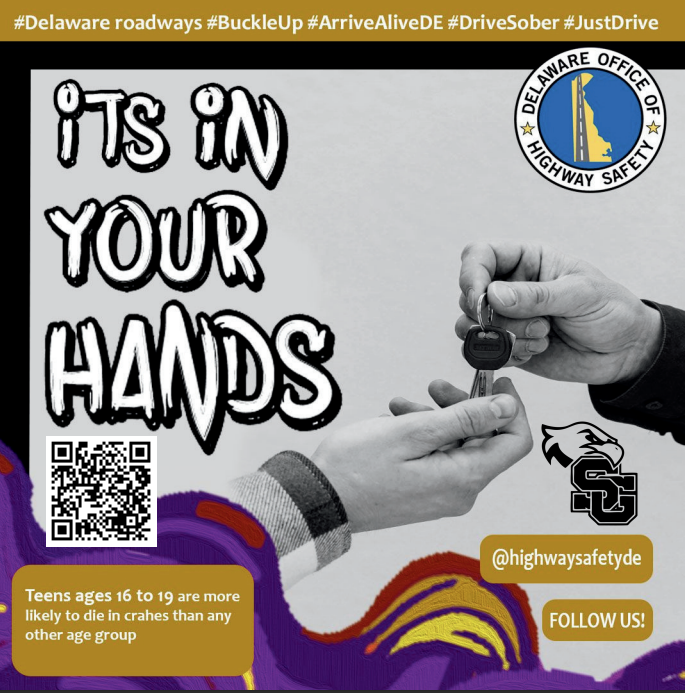 It’s in your hands. Every time you drive, you hold the power to choose safety.

Teen Driver Safety Week reminds us that lives depend on smart decisions — slow down, stay focused, drive responsibly. Graphic by St. Georges Web and Print Technology class.  #ArriveAliveDE