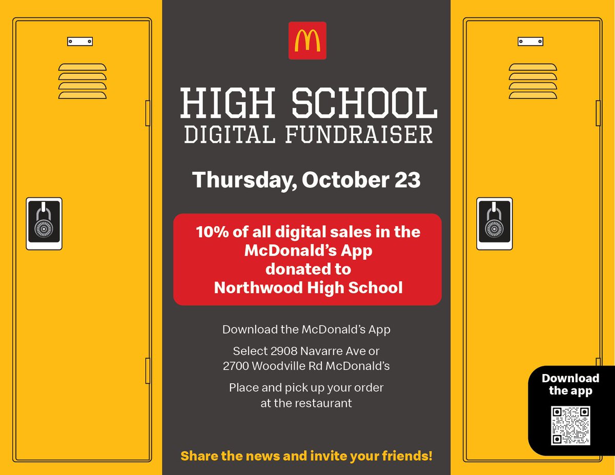 Make sure to visit McD's this Thursday and help support NHS students! Your order must be done through the McD's app to count and it can be done at either the Woodville or Navarre location! 
#WeAreNorthwood