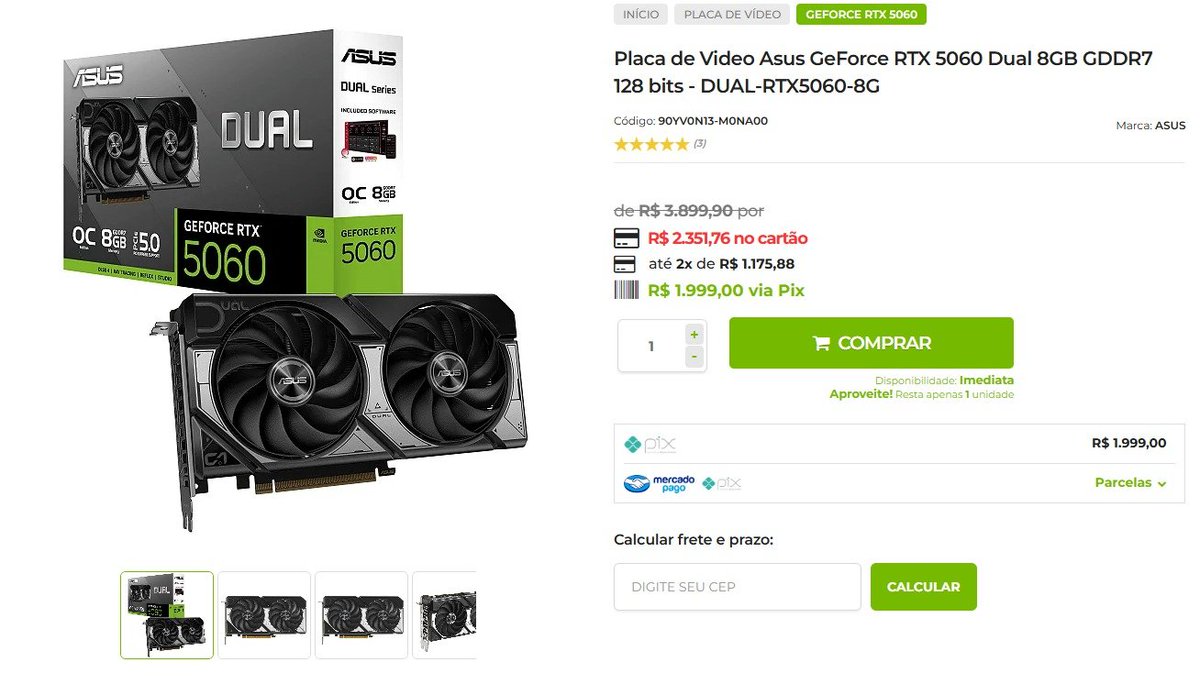 🟩 Última unidade disponível!
 RTX 5060 ASUS Dual 8GB GDDR7 — direto do estoque do PR 🏬
💚 3 anos de garantia oficial
💚 Nota fiscal e envio imediato
💚 Apenas R$ 1.999 via Pix

🚨 Aproveite antes que acabe!
#GKInfostore #RTX5060 #NVIDIA #ASUS #Hardware #PCGamer
