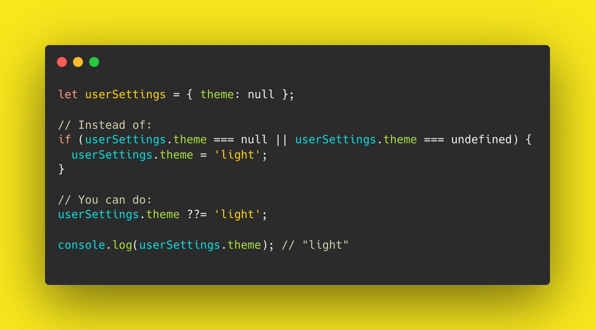 px_techie's tweet image. #18

JS Trick: ??= (nullish coalescing assignment) ⚡.

✅ Assigns only if null or undefined
✅ Cleaner defaults
✅ Works great with optional chaining
#JavaScript #WebDev #Frontend #100DaysOfCode