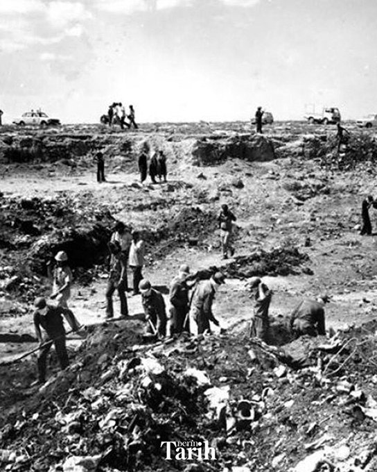 First image displays a red embroidered patch with Turkish text C T M T O above a crescent moon and star enclosing a gray wolf silhouette over a green map outline of Cyprus with wings on both sides and crossed swords below dated 1958. Second image collage shows black and white photos of young children and men in traditional clothing from 1963 Kanlı Noel victims including names like Tabib Binbaşı Nihat İlhan and others plus a stone memorial plaque inscribed with 1963 Kıbrıs Türk Ahlakı Soykırımı victim names such as Muratağa Sandallar Atlılar and flags. Third image is a black and white historical photo of multiple people including soldiers in uniforms working near trenches and vehicles in a barren landscape. Fourth image collage features black and white portraits of Şehit Pilot Yüzbaşı Cengiz Topel in military uniform as a young boy in suit and circled in flight gear.