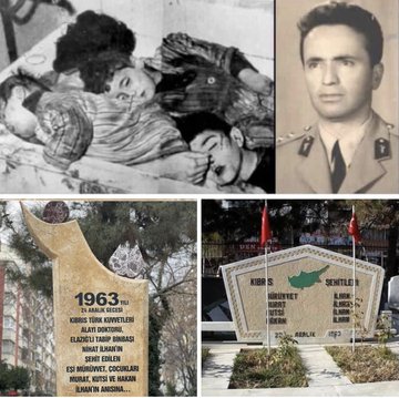 First image displays a red embroidered patch with Turkish text C T M T O above a crescent moon and star enclosing a gray wolf silhouette over a green map outline of Cyprus with wings on both sides and crossed swords below dated 1958. Second image collage shows black and white photos of young children and men in traditional clothing from 1963 Kanlı Noel victims including names like Tabib Binbaşı Nihat İlhan and others plus a stone memorial plaque inscribed with 1963 Kıbrıs Türk Ahlakı Soykırımı victim names such as Muratağa Sandallar Atlılar and flags. Third image is a black and white historical photo of multiple people including soldiers in uniforms working near trenches and vehicles in a barren landscape. Fourth image collage features black and white portraits of Şehit Pilot Yüzbaşı Cengiz Topel in military uniform as a young boy in suit and circled in flight gear.