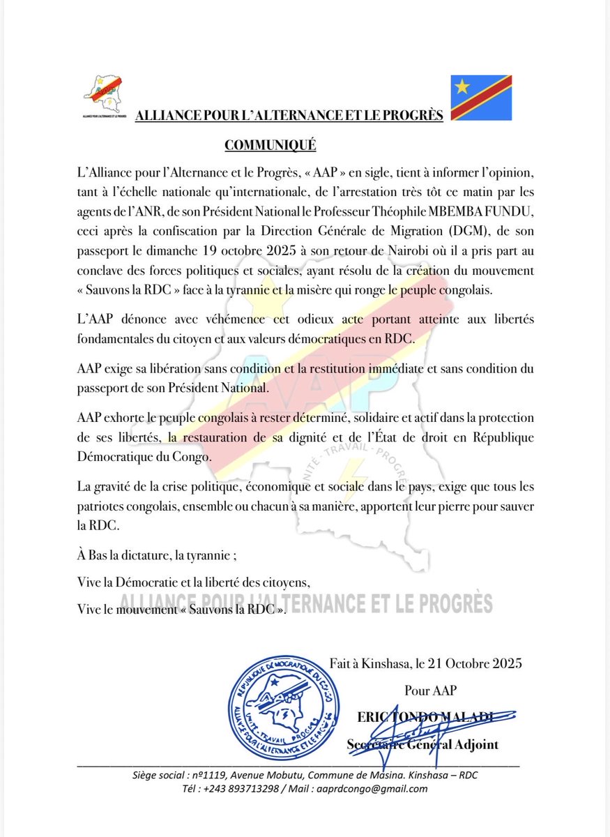 #RDC: Le parti de Théophile Mbemba dénonce avec véhémence cet odieux acte portant atteinte aux libertés fondamentales du citoyen et aux valeurs démocratiques en RDC. AAP exige sa libération sans condition et la restitution immédiate et sans condition du passeport de son Président
