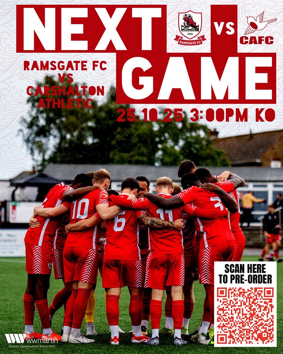 Next up we’re back at home! 🏠

Ramsgate FC vs <a href="/CarshaltonA_FC/">Carshalton Athletic FC</a> 
🏆 @theisthmianleague 
📅 Saturday | 🕒 3pm kick off
📍 WW Martin Community Stadium
🎟️ Season Tickets valid. Buy on the gate or pre-order
🔗 tinyurl.com/8wvntekn

Come down and get behind the lads - let’s make it
