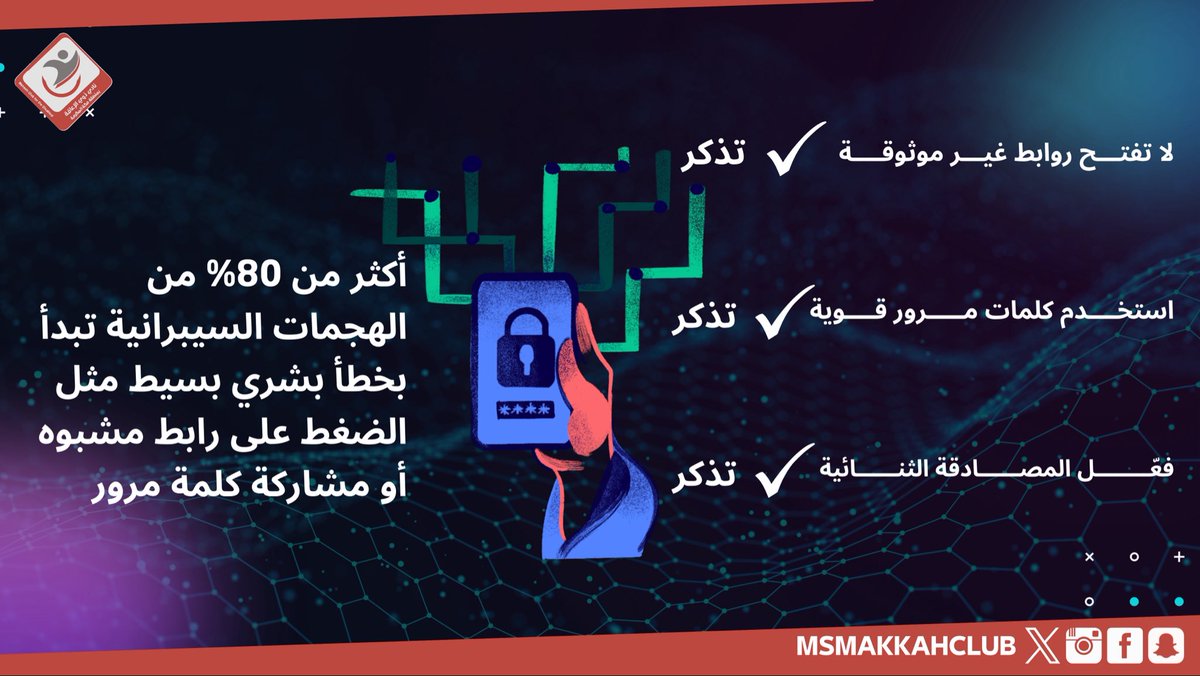 🔐 معلومة #الأمن_السيبراني:

أكثر من 80٪ من الهجمات السيبرانية تبدأ بخطأ بشري بسيط مثل الضغط على رابط مشبوه أو مشاركة كلمة مرور.
✅ تذكّر:
•لا تفتح روابط غير موثوقة
•استخدم كلمات مرور قوية
•فعّل المصادقة الثنائية

#الأمن_السيبراني | #CyberSecurity |