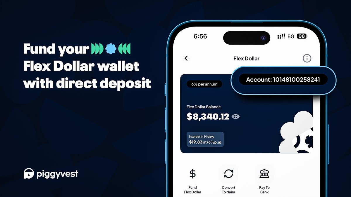OdunEweniyi's tweet image. No more converting Naira to Dollars first.
You can now receive USD deposits straight into your Flex Dollar wallet.
Open your Piggyvest app to request a dollar virtual account number. 💙