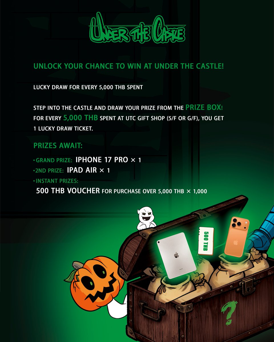 _utcofficial_'s tweet image. 🎁 Win Instantly at Under The Castle! 🎁
🎉 Starts Tomorrow — October 22! 🎉

iPhone 17 Pro, iPad Air, or instant surprises — every ticket wins! 🏆

Spend 5,000 THB at the UTC Gift Shop (G/F or 5/F) to draw your prize on the spot! ✨ T&amp;amp;Cs apply.

#UTC 
#UTCThailand…