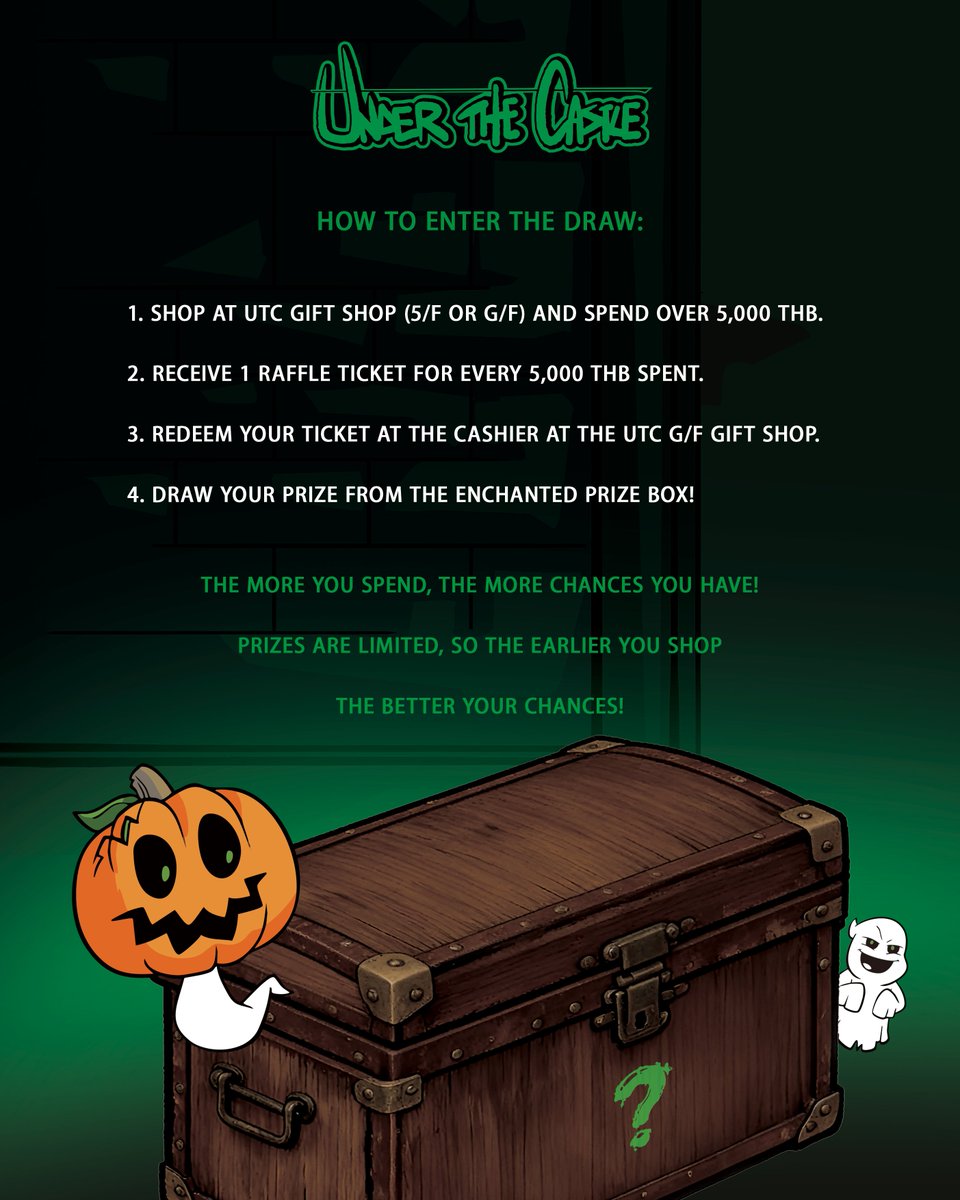 _utcofficial_'s tweet image. 🎁 Win Instantly at Under The Castle! 🎁
🎉 Starts Tomorrow — October 22! 🎉

iPhone 17 Pro, iPad Air, or instant surprises — every ticket wins! 🏆

Spend 5,000 THB at the UTC Gift Shop (G/F or 5/F) to draw your prize on the spot! ✨ T&amp;amp;Cs apply.

#UTC 
#UTCThailand…