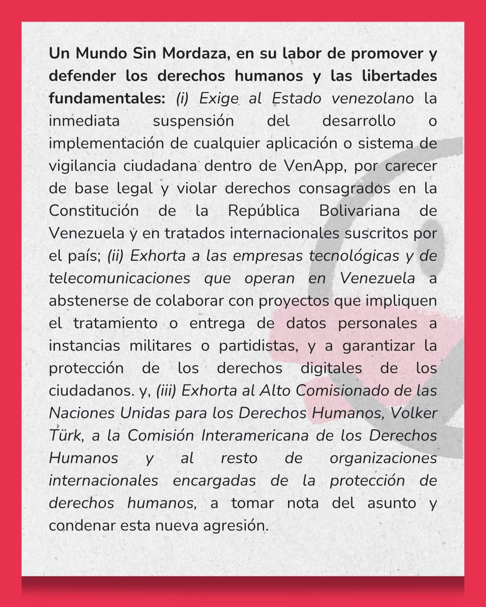 🔴 #URGENTE | Desde Un Mundo Sin Mordaza alertamos sobre la reaparición de la aplicación VenApp como herramienta de vigilancia y persecución contra la ciudadanía en Venezuela.
Lee el comunicado completo aquí 👉 
instagram.com/p/DQEpspzDrp2/…

#DerechosHumanos #Venezuela #SinMordaza