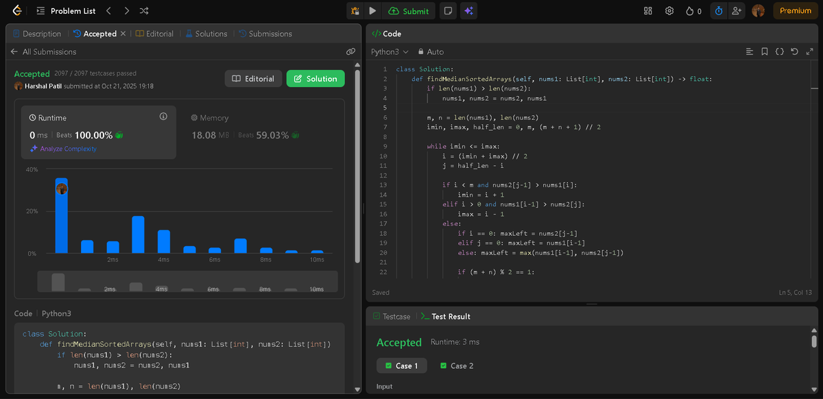 Patil_Harshal_5's tweet image. 🌟 Day 71 of #100DaysOfDSA 🌟
LeetCode 4 — Median of Two Sorted Arrays
🔹 Problem: Find the median of two sorted arrays in O(log(min(n, m))) time without merging them.
🔹 Approach: Binary Search on Partition
#LeetCode #DSA #BinarySearch #Python #ProblemSolving
