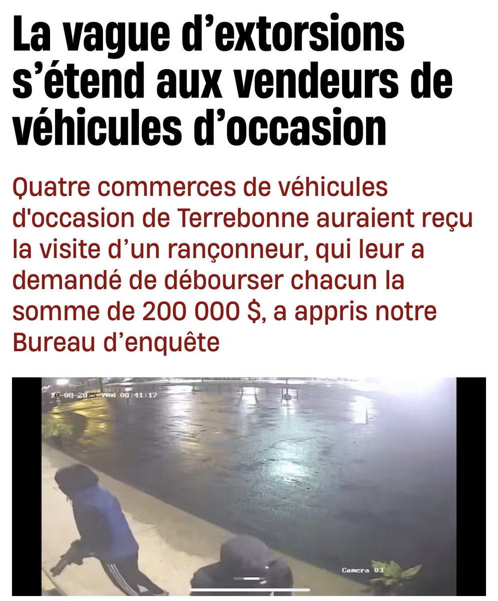 Je dénonce fermement la vague d'extorsions qui frappe nos commerçants de véhicules d'occasion à Terrebonne. Nos entrepreneurs ne devraient jamais avoir à vivre sous la menace pour opérer leurs commerces.

Ceci s'ajoute à une situation de violence et d'extorsion généralisée qui