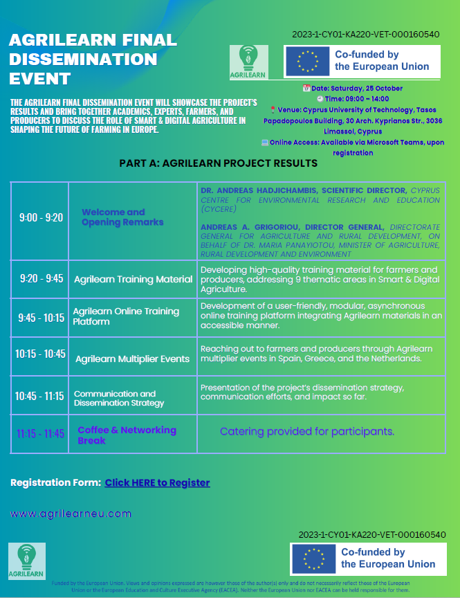ITMLGR's tweet image. Join us on Saturday, 25 October for the @Agrilearnpr Final Dissemination Event, bringing together experts, academics, farmers, and producers to explore how Smart &amp;amp; Digital Agriculture is shaping the future of farming in Europe.
Register here shorturl.at/moYu1