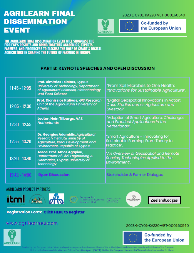 ITMLGR's tweet image. Join us on Saturday, 25 October for the @Agrilearnpr Final Dissemination Event, bringing together experts, academics, farmers, and producers to explore how Smart &amp;amp; Digital Agriculture is shaping the future of farming in Europe.
Register here shorturl.at/moYu1