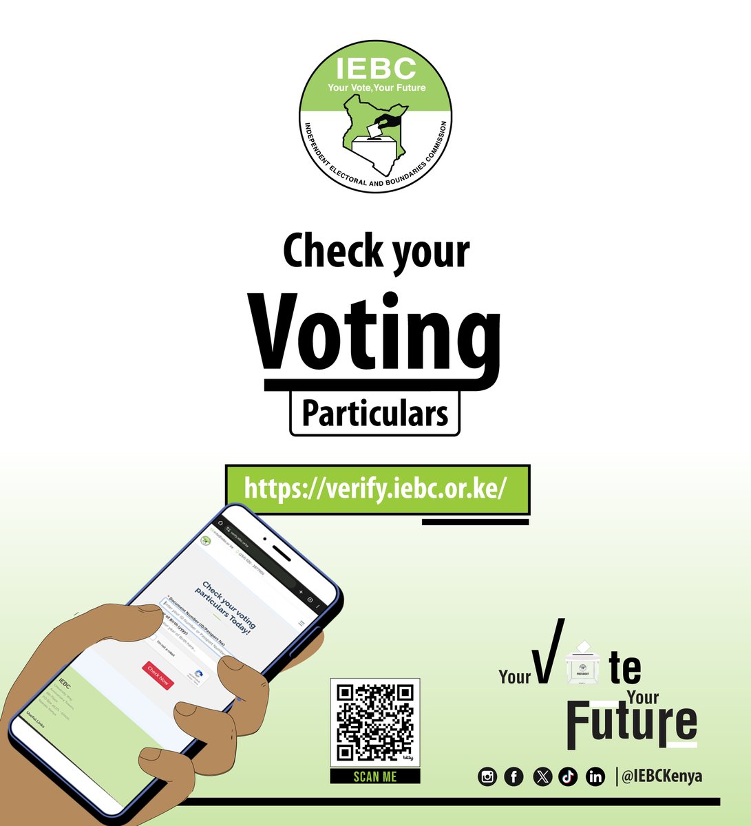 StretchersYouth's tweet photo. Have you checked your voting particulars?
If not, tag your friends and make it a plan this week! Your vote is your voice, make sure your details are correct.
Visit your nearest IEBC office or verify online 👉https://t.co/lu1GFmvXoN
#YOWO #13YearsOfImpact #JiPinNaKura https://t.co/IcVF3EWcg5