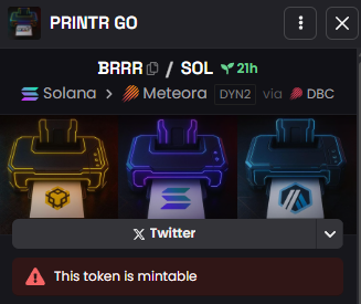 PrintrGoBRRRRR's tweet photo. People have asked about the token being flagged as mintable on Dexscreener. This is due to @printr coins being bridgeable, due to their omnichain nature. This means the token needs to be mintable to account for bridged supply. https://t.co/GkXlmeDNCo