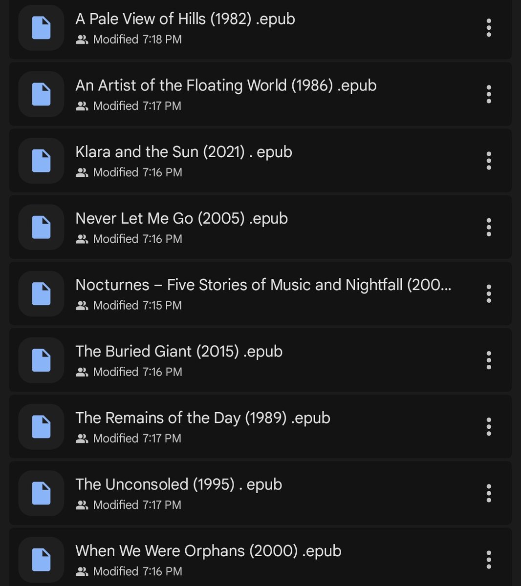 Kazuo Ishiguro Bibliography 

Ishiguro was born in Japan but emigrated to Britain when he was five. He has explored Japanese identity in " an imagined reality", as well as sci-fi and period fiction.

All 8 of his novels + a collection of short stories.

drive.google.com/drive/folders/…