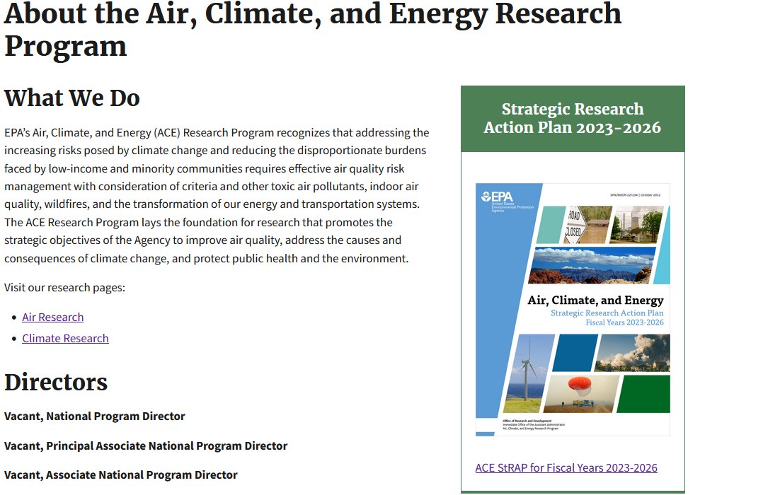 The homepage of EPA's air climate and energy research program following the new finalized reorganization: