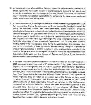 Scanned official letter on ISKCON letterhead addressed to Gajapati Maharaja Dibyasingha Deb. Discusses agreement on Snan Yatra dates and proposes 9-day period for Rath Yatra consensus. Mentions international adaptations of festivals and requests review of GBC decisions. Signed by ISKCON Governing Body Commission Chairman. Includes points on scriptural observance and global temple activities.