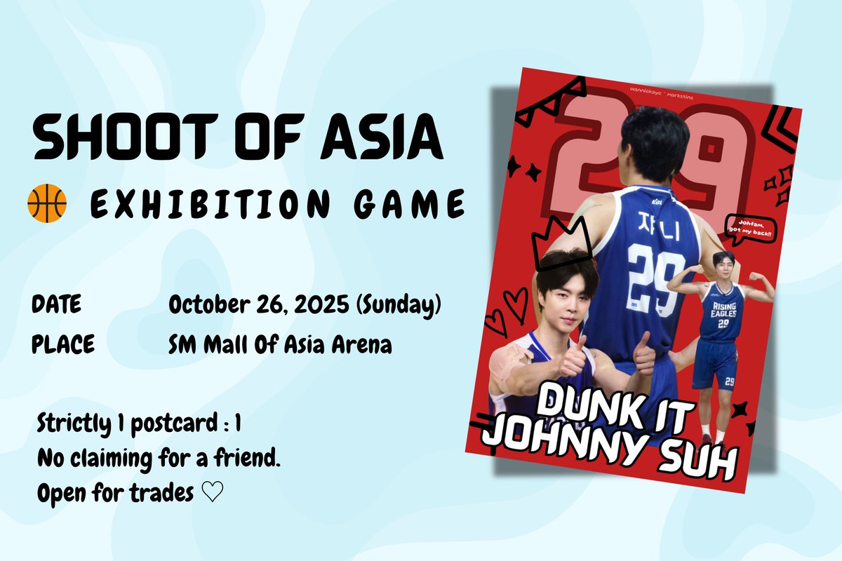 ✨ #BENCHShootOfAsia event with <a href="/benchtm/">BENCH/</a> 🩵

freebies!! ☺️

🗓️ October 26, 2025 at SM MOA

~ Like &amp; Repost (Show proof on d-day)
~ Can do on the spot trades
~ Exact location: TBA 

see you!! 😉

#DunkItWith29 #DunkItJohnnySuh #JOHNNY #JOHNNYSUH