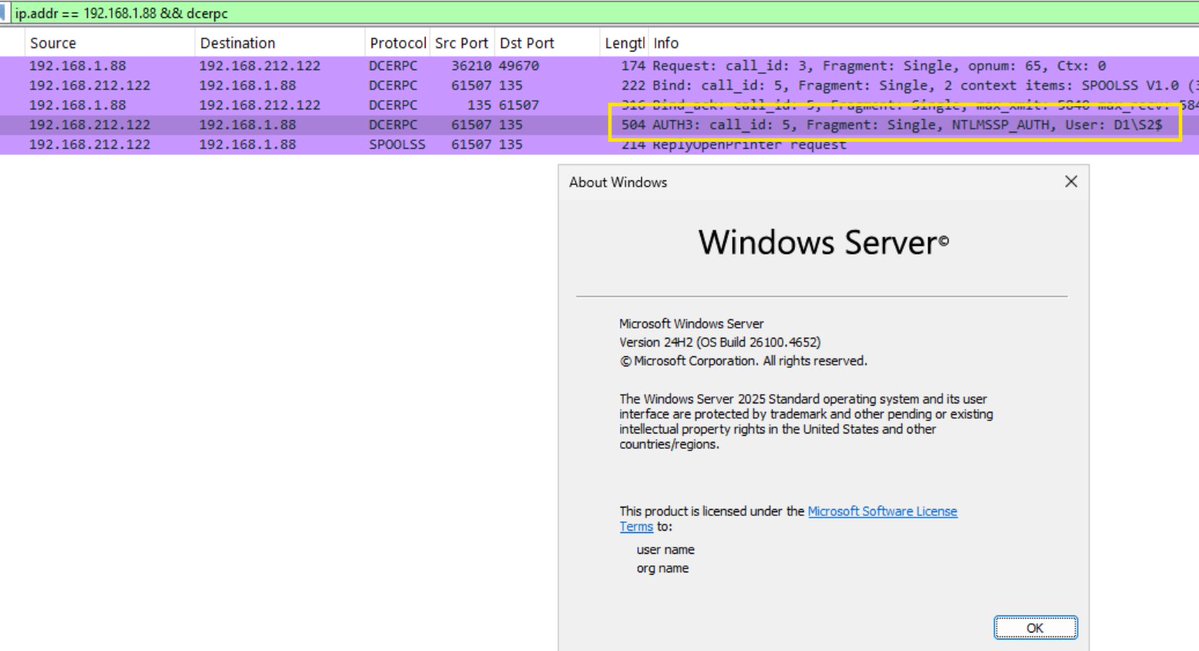 decoder_it's tweet image. Coercing machine authentication on Windows 11 /2025 using the MS-PRN/PrinterBug DCERPC edition, since named pipes are no longer used.
Kerberos fails in this case due to a bad SPN from the spooler, forcing NTLM fallback.
