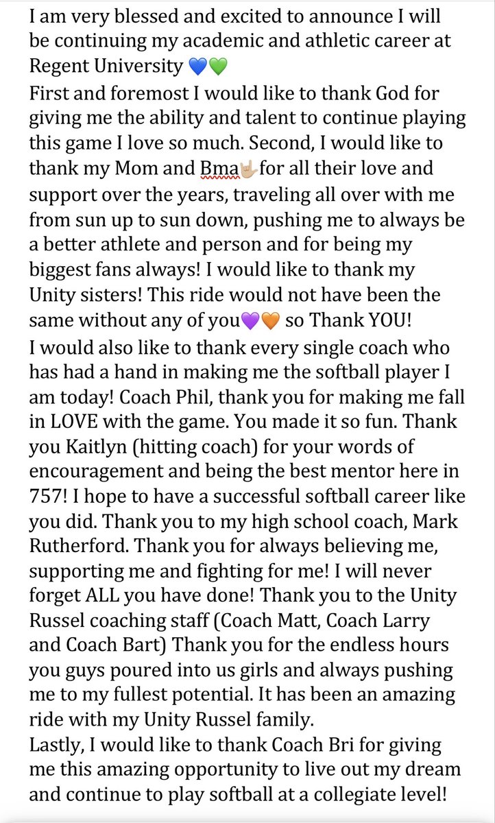 KRigdon2026's tweet image. I would like to thank everyone who has helped me and supported me along this journey! I have committed to Regent University 🥎💙💚 @VAUnitySB @UnityRussel @CoachBriCooper