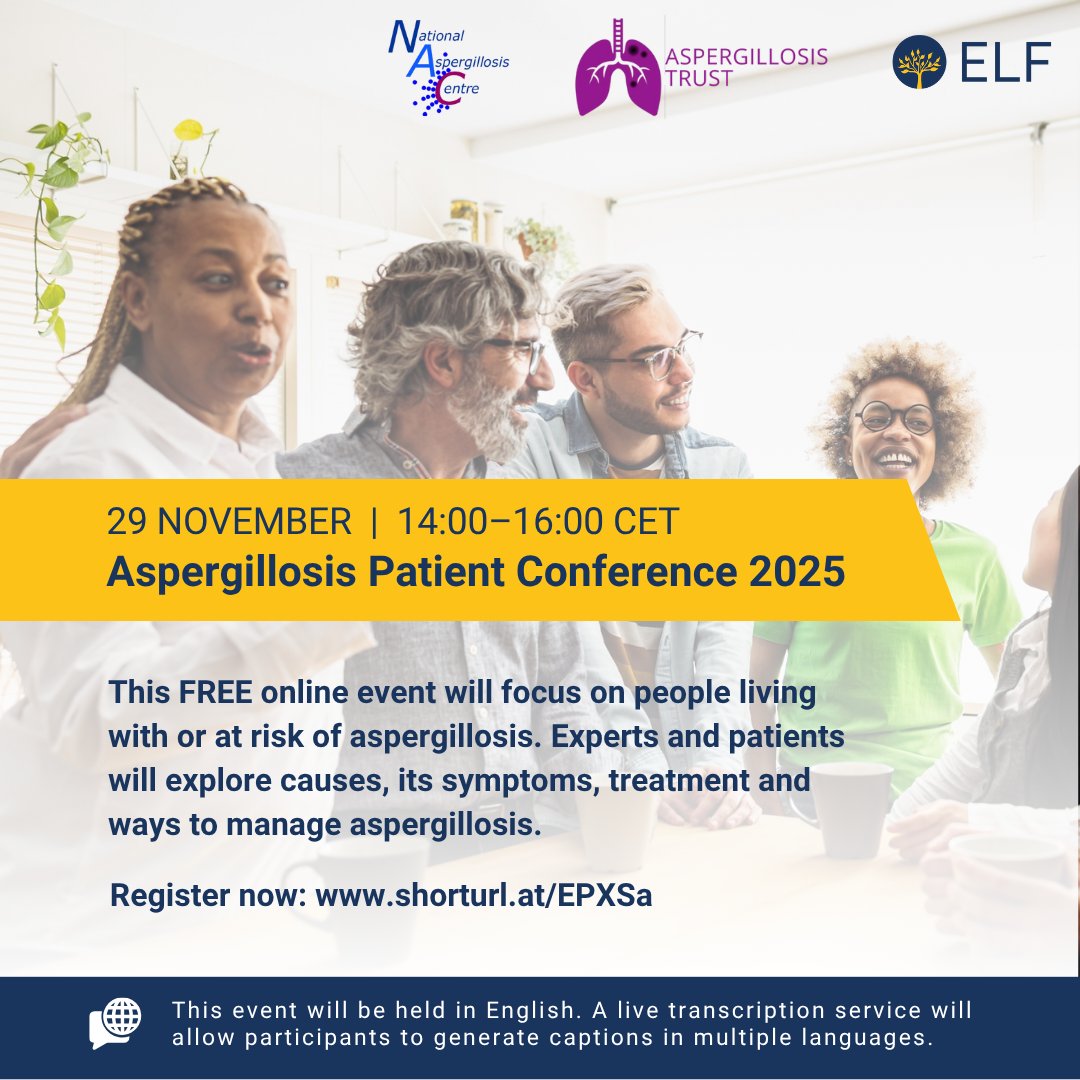 🫁 Do you have asthma, COPD, or another long-term lung condition?

Persistent cough, extreme tiredness or repeated lung infections can be signs of aspergillosis. 

Join the ELF Aspergillosis Patient Conference on 29 November to learn more.

Register: europeanlung.org/en/get-involve…