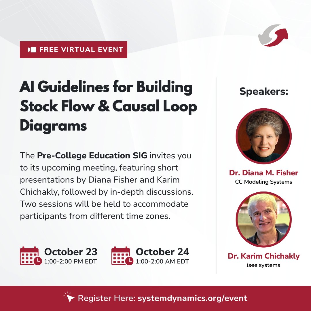 systemdynamics_'s tweet image. 🎯 YOU ARE INVITED! ▶️ Join the Pre-College Education SIG for an exciting deep dive into AI Guidelines for Building Stock Flow and Causal Loop Diagrams!
📅 October 23 1:00 pm EDT
📅 October 24 1:00 am EDT
🔗 RSVP: ow.ly/LI5Y50XfrqY
#SystemDynamics #systemsthinking