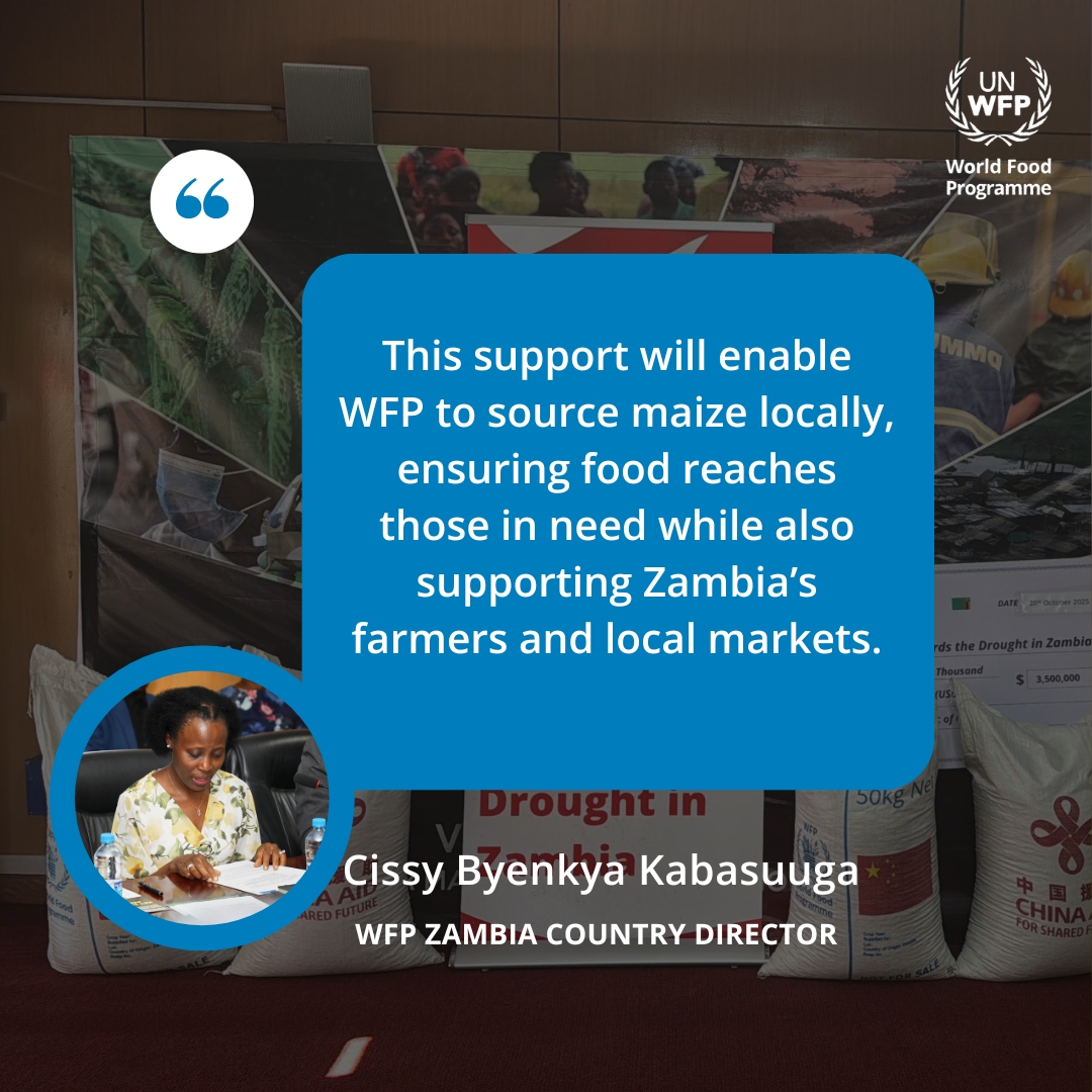 A powerful double impact: feeding families and strengthening local markets. 

Gratitude to 🇨🇳 for enabling <a href="/WFP/">World Food Programme</a> #Zambia to source maize locally—supporting communities and building resilience.

~ <a href="/KabasuugaCissy/">Cissy.Byenkya Kabasuuga</a>, WFP Zambia Country Director
#ZeroHunger