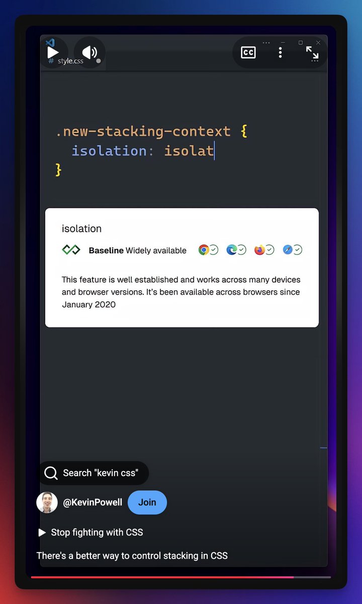 CSSWeekly's tweet image. So thrilled to see Baseline Status for Video in action in one of the latest videos of @KevinJPowell. 🤩
Kevin's video: cssw.io/stacking-conte…
Baseline Status for Video: cssw.io/baseline