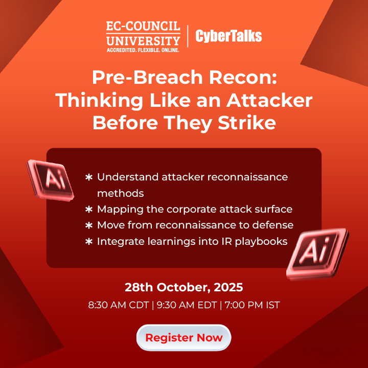 EC_Council_Univ's tweet image. Join Don Warden II for the webinar Pre-Breach Recon: Thinking Like an Attacker Before They Strike on Oct 28 to uncover the secrets of pre-breach reconnaissance and learn how to defend smarter.

Register: attendee.gotowebinar.com/register/46787…

#ECCU #Cybersecurity #Webinar #PreBreachRecon