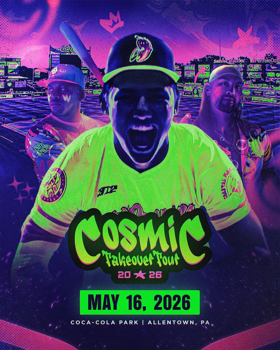 IronPigs's tweet image. Mark your calendars Lehigh Valley! The Cosmic Takeover Tour is returning to Coca-Cola Park on Saturday May 16, 2026!

Last year’s tour completely sold out, so join the Cosmic Ticket for a chance to purchase tickets today: chilipeppersbaseball.com/cosmic-lottery/ 

#cosmicbaseball